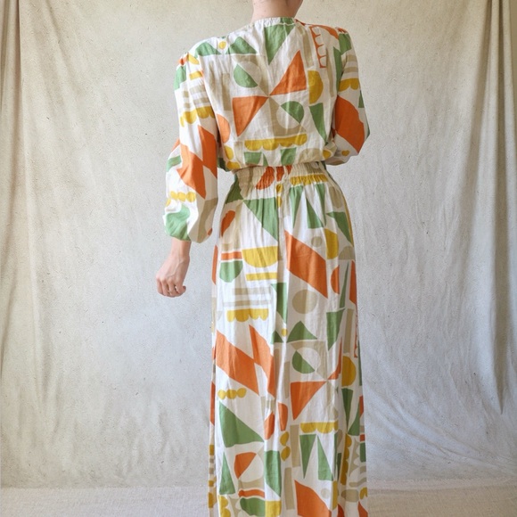 Linen Blend Boho Abstract Print Maxi Skirt and Long Sleeve Crop Top Set - Picture 4 of 5